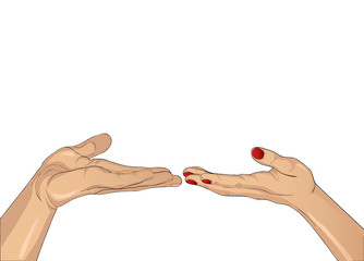 Hands of a man and a woman is drawn into each other's hands empty space. 
