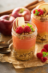 Applesauce and raspberry puree parfait with granola