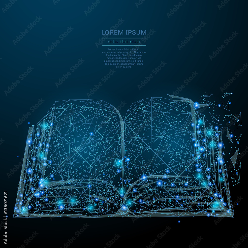 Fototapete Abstract image of a open book in the form of a starry sky or space, consisting of points, lines, and shapes in the form of planets, stars and the universe. Vector business