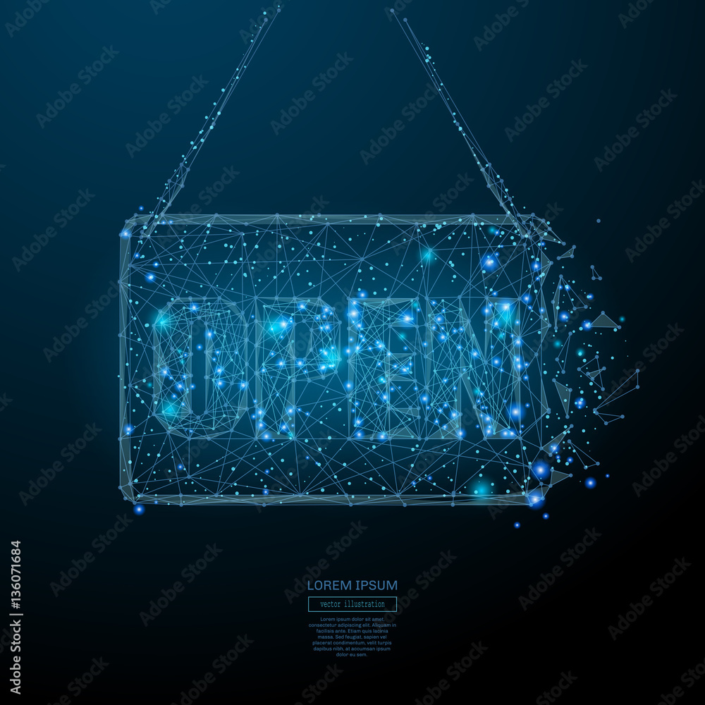 Poster Abstract image of a open tablet blue in the form of a starry sky or space, consisting of points, lines, and shapes in the form of planets, stars and the universe. Vector business