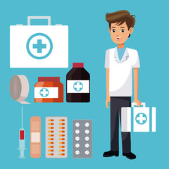 staff medical man suitcase first aid with medicine icons vector illustration eps 10
