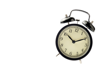 black vintage alarm clock isolated floating on the air with whit
