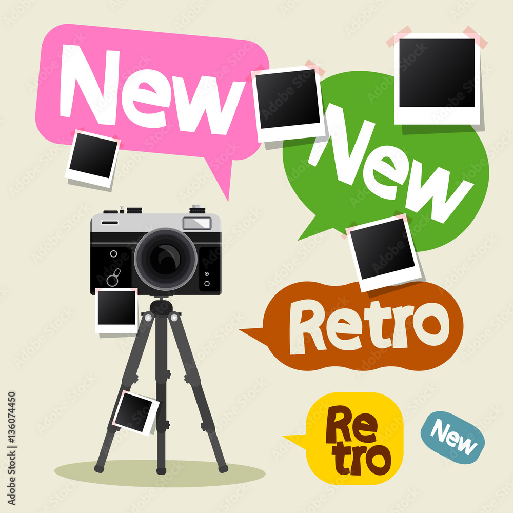 Poster vintage camera on tripod with retro and new text on colorful bubbles and empty photo frames
