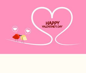Happy Valentine's Day. Vector Pink Greeting Card with Kissing Birds and Heart Symbol.