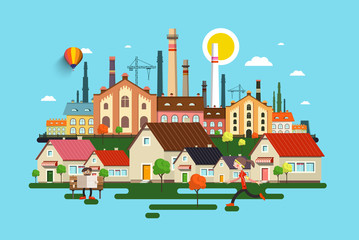 Abstract Vector City. Town with Buildings, Houses, Factory and People.