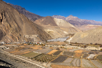 View on Kagbeni village located in the valley of the Kali Gandaki River