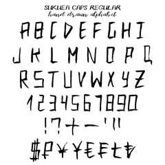 Hand drawn alphabet, written grunge font in Japanese style with square symbols: black capital letters, numbers and signs of currency. Word Sukuea from Japanese means Square. Vector illustration