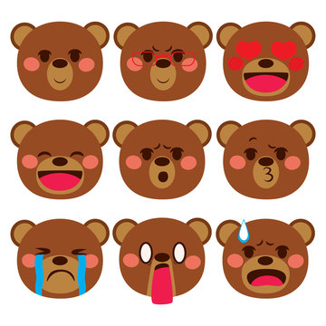 Set collection of different bear face emoji expressions