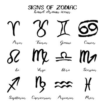 Set of icons with signs of Zodiac in hand drawn technique and grunge style isolated on white background. Symbols of zodiac horoscope. Vector illustration