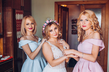 nice portrait of beautiful bride and her charming bridesmaids
