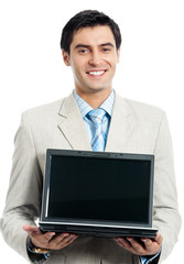 businessman with laptop, isolated