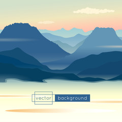 Fototapeta na wymiar Vector landscape with sunrise, mountains, lake and clouds in gradient colors. Template of banner, backdrop, poster or splash screen. Background with morning in the mountains.
