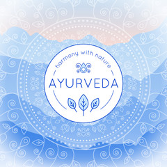 Vector Ayurveda illustration with mountains landscape, ethnic patterns and sample text in blue colors for use as a template of banner, backdrop or poster for ayurveda medicine center or product.