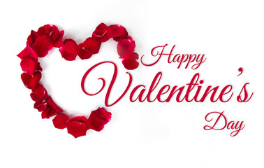 Valentine's Day greeting with heart shape made of petals on white background