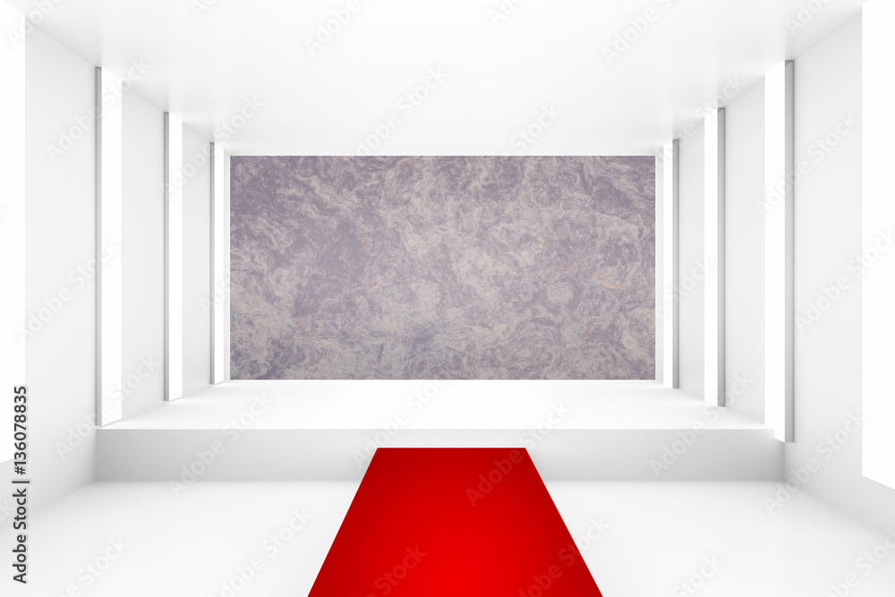 Poster Blank white empty podium with red carpet for backdrop design template blank layout background
