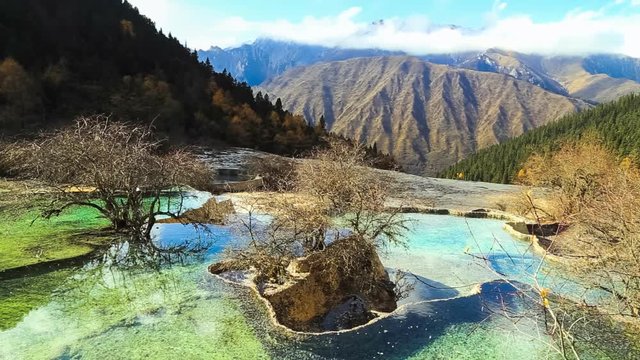 Huanglong Mountain with beautiful nature calcification pool ,waterfalls,lake in Sichuan , China