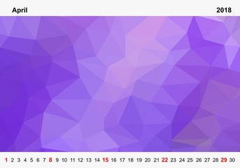 Simple color calendar of purple colored triangles for april for the year 2018.Month name and year numbers up and down the pictures with red Sunday on white background