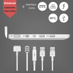 Laptop side view with connectors icon. Notebook and 5 interface icons. MagSafe 2, Ethernet, Thunderbolt, USB 2.0 and 3.0. Plugs and Sockets for your design web store or web site. Charging and Data