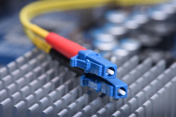 Information Technology Computer Network, Telecommunication Fiber Cable on Electronic Board