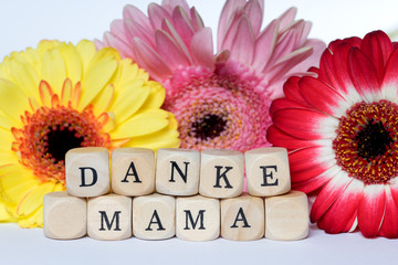 Muttertag / Holzw&uuml;rfel mit den Worten Muttertag und Blumen