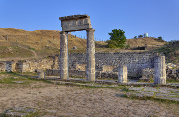 Excavations of the ancient city Pantikapaion. Ancient columns at the ruins of the ancient city