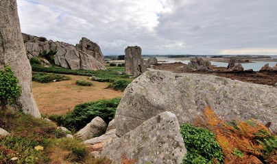Joli paysage de la côte avec ses rochers étranges à Plougrescant en Bretagne