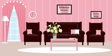 The interior of the living room. Cute cozy living room with furniture. Vector illustration. Flat style. Cartoon