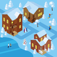 Isometric winter houses with people
