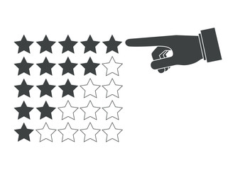 Rate stars with a hand pointing to five star rating. Flat style