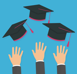 Reaching or raised up hands with graduation cap. Graduation concept. Flat design