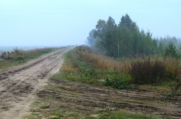 Fog in the field, road, Belarus, Brest region, September, autumn, morning, dawn,