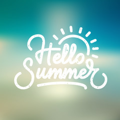 "Hello Summer" creative typography. Digital lettering on blured background. Eps10 vector. © plasteed