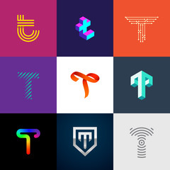 Letter "T" big logo pack. Creative vector monograms. Striped, ribbon, colorful, isometric, linear, 3d logos.Eps10 format.