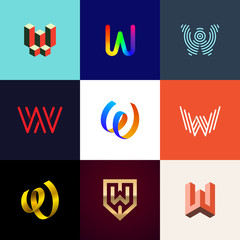 Letter "W" big logo pack. Creative vector monograms. Striped, ribbon, colorful, isometric, linear, 3d logos.Eps10 format.