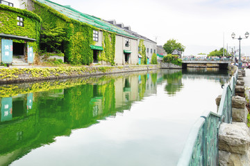 Fototapeta na wymiar 北海道 初夏の小樽運河 水面に写る倉庫群　北海道　小樽市　日本