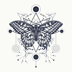 Butterfly tattoo geometrical style. Beautiful Swallowtail boho t-shirt design. Mystical esoteric symbol of freedom, travel, tourism. Realistic butterfly art tattoo for women