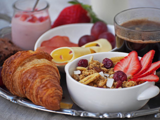 Health breakfast.Cup of coffee espresso with croissant and cheese