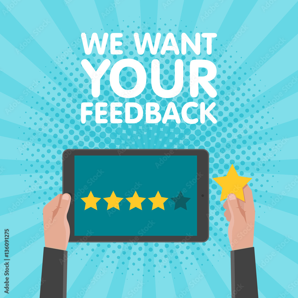 Poster hand holding and pointing to a tablet with five star on the screen. rating and review concept. vecto