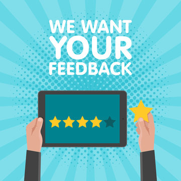 Hand holding and pointing to a tablet with five star on the screen. Rating and review concept. Vector illustration