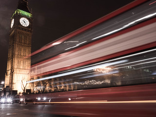 London at night with Big Ben and bus, England