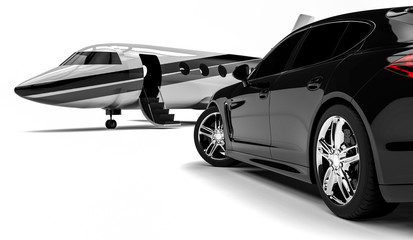 Private jet with a Luxury Car / 3D render image representing a private jet and a luxury car