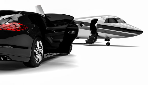 Private jet with a Luxury Car / 3D render image representing a private jet and a luxury car