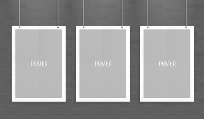 Empty three white A4 sized vector paper mockup hanging with paper clips. Show your flyers, brochures, headlines etc with this highly detailed realistic design template element
