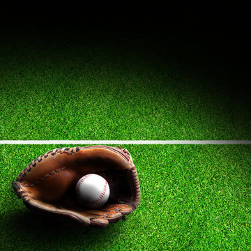 Baseball Glove and Ball on Field With Copy Space