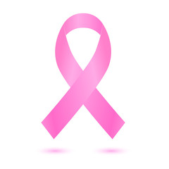 Realistic pink ribbon, breast cancer awareness symbol, isolated on white. 