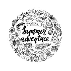 hand drawn summer themed phrases. Modern style lettering. Summer adventure.