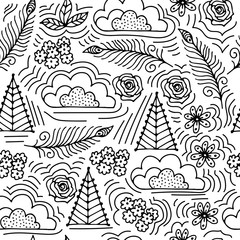 vector seamless pattern with peacock feathers, flowers and clouds