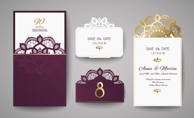 Set of Wedding Invitation Vintage. Template for laser cutting. Vector illustration.