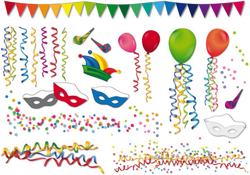 Karneval - Luftballons, Konfetti und Narrenkappe