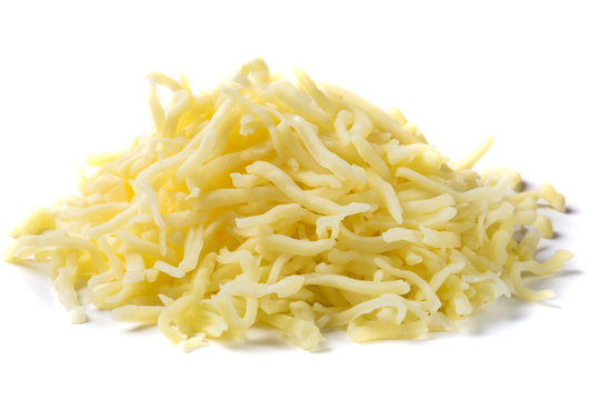 Close up of heap of grated mix Italian cheese on white backgroun